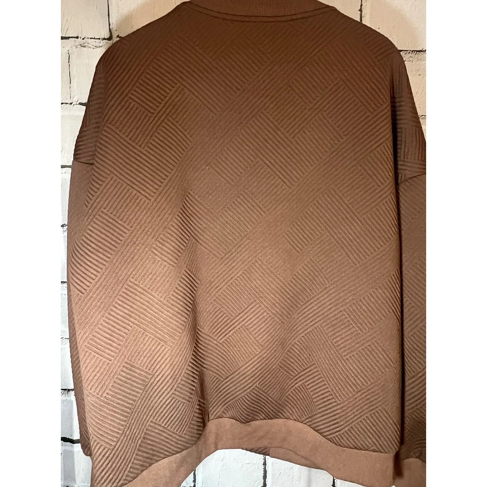 Brown Textured Quilted Bomber Jacket Oversized Zip Up Lightweight Streetwear